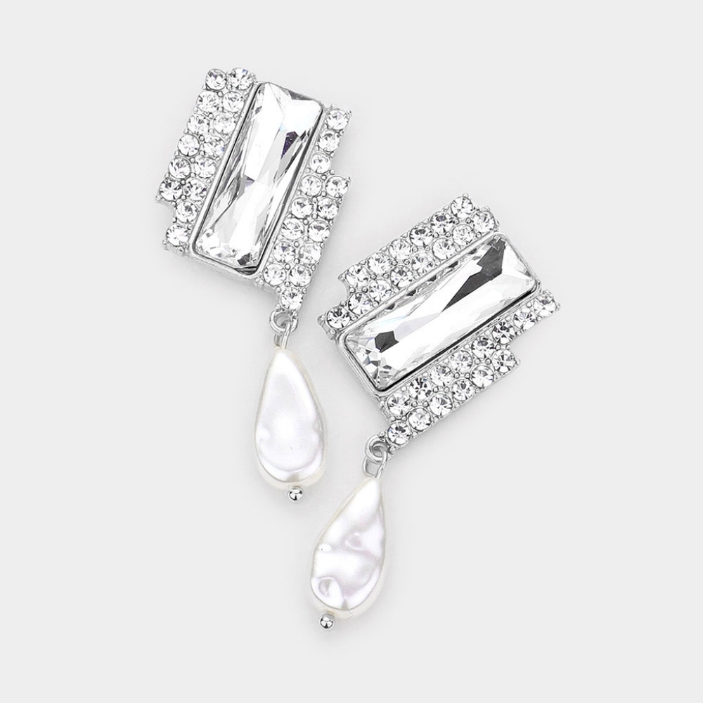 Silver Freshwater Pearl Beaded Crystal Dangle Earrings Drop Rectangle Teardrop